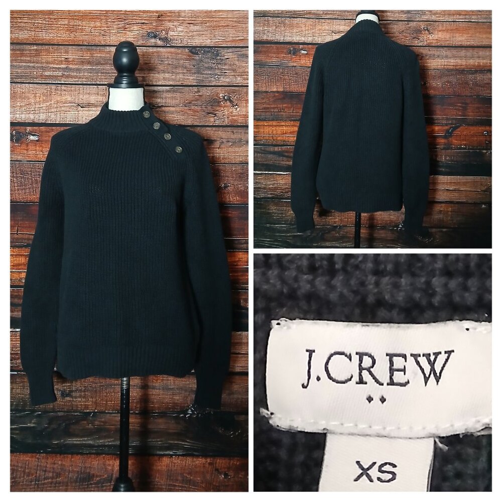J Crew Sweater XS Black Mock Neck 100% Cotton Button Shoulder